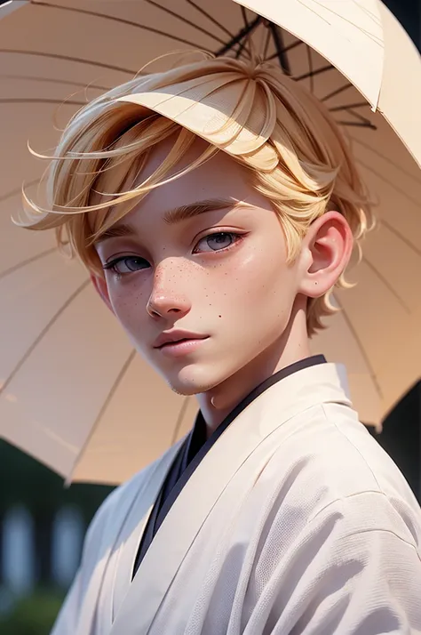 a handsome young man with blond hair, freckles, wearing a kimono, holding a parasol, long eyelashes, colorful, digital painting, photo-realistic, 8k, masterpiece, cinematic lighting, vivid colors, ethereal, surreal, dramatic