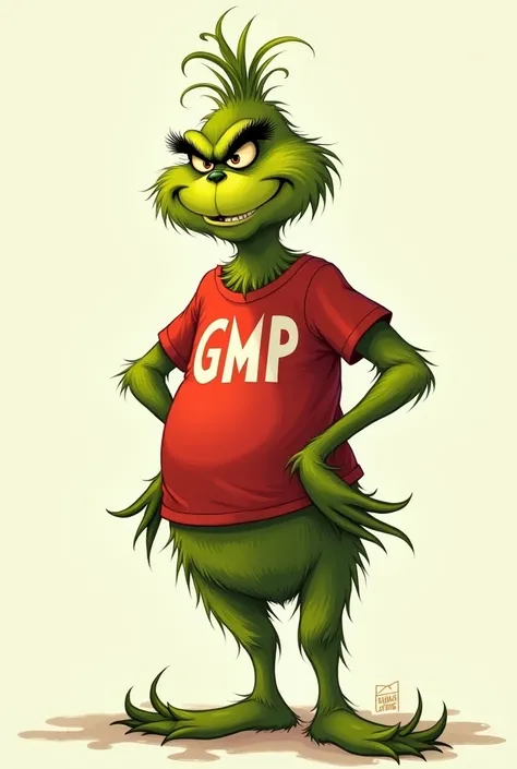 Grinch character wearing a t-shirt that says the text GMP 
