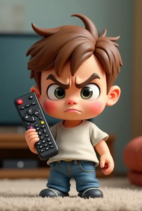 Make me a picture of a cartoon mini character boy ,  in jeans and jeans holding the tv remote with an angry expression