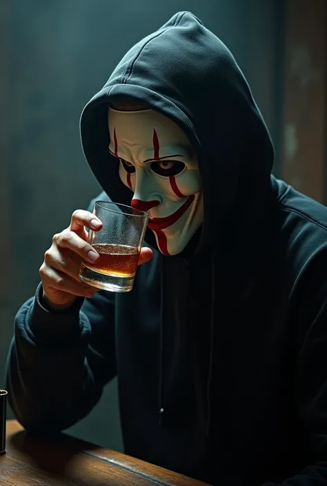 A white man with a clown mask and a black hoodie drinking whiskey
