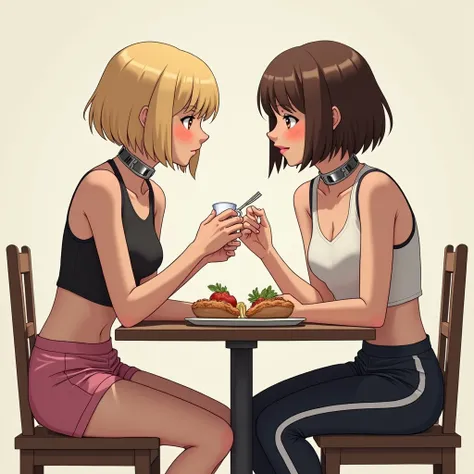  Full body image Two womens ugly 18-year-old women with blonde and brown hair bob style in sports suits and crop top , have different metal pet collars.They are having dinner and are slender ..