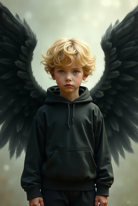 Image of a blond haired boy with black wings.
