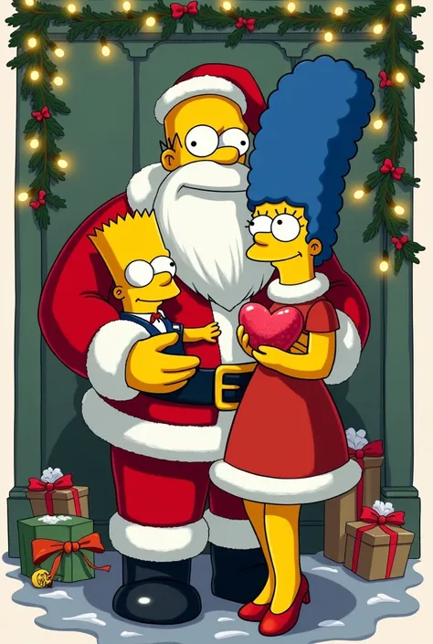 Create Homer dressed as Santa Claus, holding Homers wife dressed for Christmas with Mart a Christmas heart, the background is rectangular and has Christmas decorations 