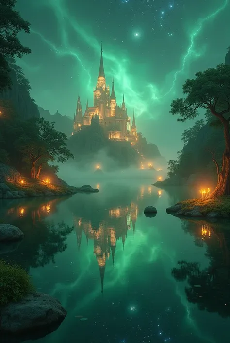 The city of elves is reflected on the green surface of the water，Magical Night Scenery ， beautiful night sky ，Star， Mysterious and Charming Atmosphere ，Highly refined，8k，masterpiece， photorealistic ， Dramatic Lighting ， Movie Grade ，Fantasy Landscape，Ether...