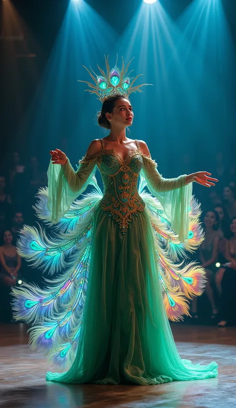 A young woman stands on a softly lit stage in a graceful Green gown. In front of her is a majestic, anthropomorphic creature—its body is human-like, wearing a magical dress inspired by a peacock, but with an otherworldly twist. The dress features vibrant h...