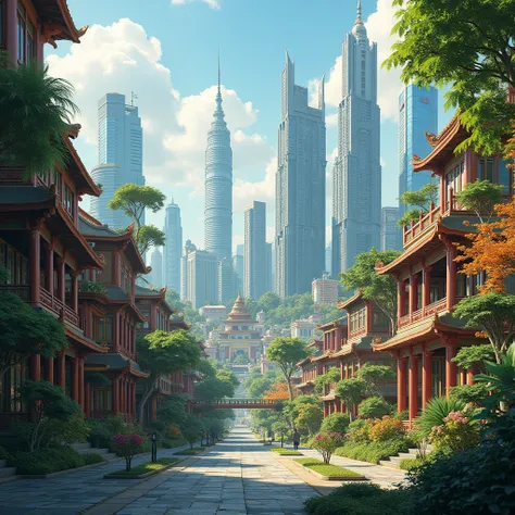  creating a really cool town , Location Malaysia ,  joined the Malay Chinese and Indian style cities，High-rise summer， High Tech， very pretty ，autumn