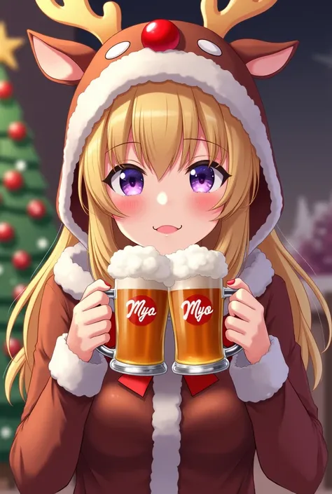  blond girl with bangs、reindeer costume、Purple Eyes、Christmas tree in the background、 Christmas、 beer in both hands 、 the letter Myo on the beer glass、The color of the nail is pink 、 colorful all over 、Adult Women、Idol、Keep your hands of beer close to your...