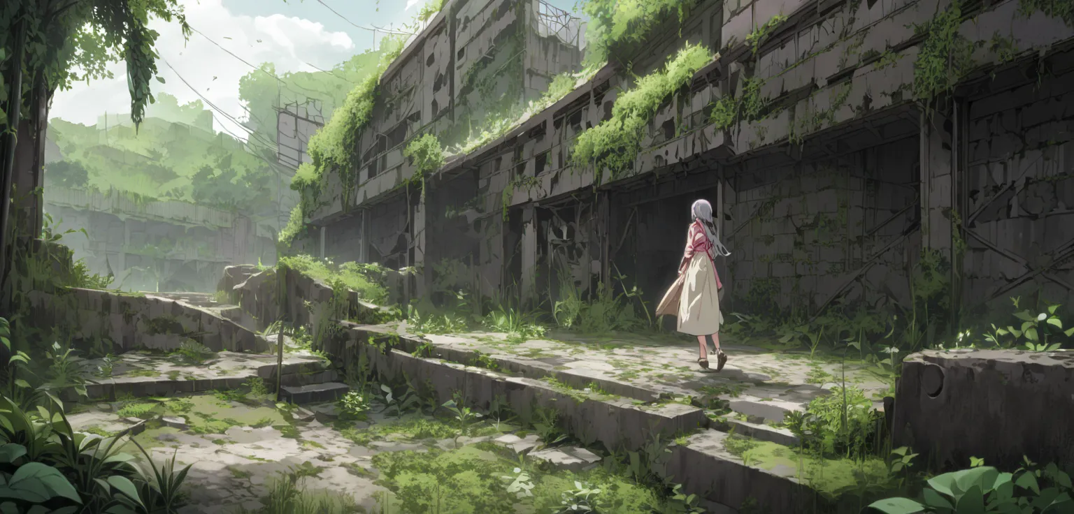 a girl walks through a ruined city full of nature　utopia　home　building　ruins　green