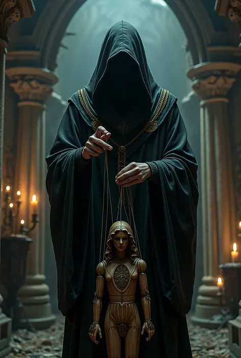 Mysterious person wearing a black robe pulling the strings of a faith puppet in dark gothic style 