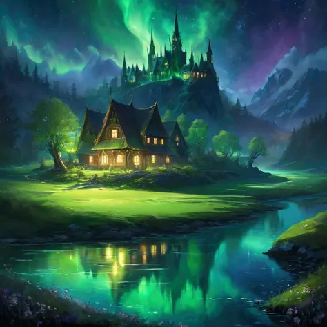 The city of elves is reflected on the green surface of the water，Magical Night Scenery ， beautiful night sky ，Star，Northern Lights,  Mysterious and Charming Atmosphere ，masterpiece， Dramatic Lighting ，Fantasy Landscape，Ethereal， Glowing Flora and Fauna ，mi...