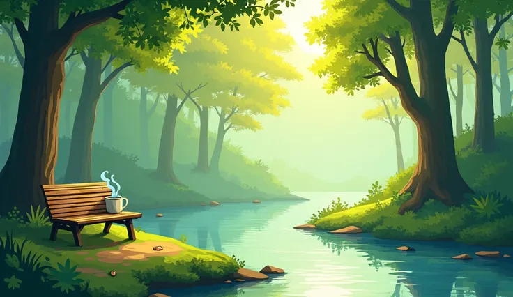 Lo-fi style artwork of a serene natural environment. A calm river flows gently through a lush forest, surrounded by tall trees with vibrant green foliage. The setting is illuminated by warm, golden sunlight filtering through the branches, creating soft sha...