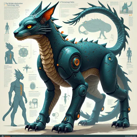 Ultimate evolution hybrid cyber animal, in infographic data, unusual of dragon hunting cat , beautiful cat long scale creature, intricate proprtional fusion body parts, realistic