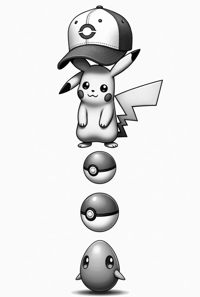  Make an image for tattoo in black and white where the following is aligned vertically:  - The Ash Ketchum cap  (The first cap ).  - The Pokeball of Ashs Pikachu  .  - The first Pokédex  " The Kanto Pokédex ".  - The egg of the Pokémon Togepi  