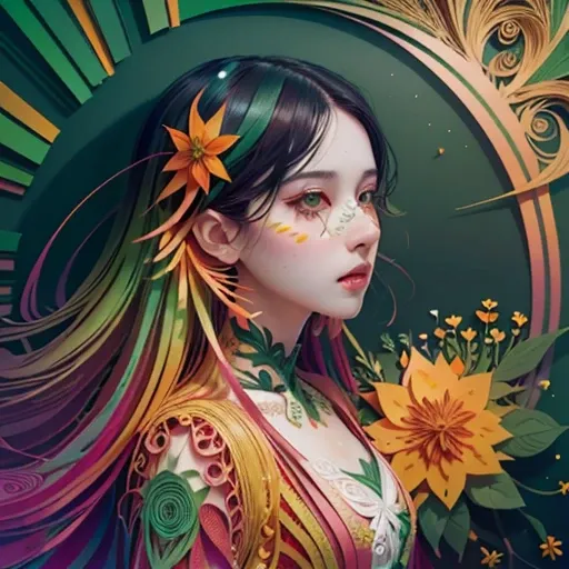 (paper-cut craft, no-frame, no-mask, gradient green orange wall:1.2), 1girl among colorful vanilla flowers, pale skin, black hair, black eyes, side view, (unity 8k wallpaper, ultra detailed, masterpiece, best quality, official art, beautiful and aesthetic:...