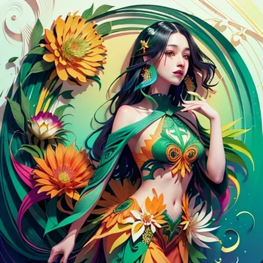 (paper-cut craft, no-frame, no-mask, gradient green orange wall:1.2), 1girl among colorful vanilla flowers, pale skin, black hair, black eyes, side view, (unity 8k wallpaper, ultra detailed, masterpiece, best quality, official art, beautiful and aesthetic:...