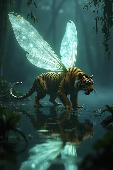 A hybrid beast with the body of a tiger and translucent dragonfly wings. It crouches low in the swamp, its glowing wings casting a menacing reflection in the dark water.
