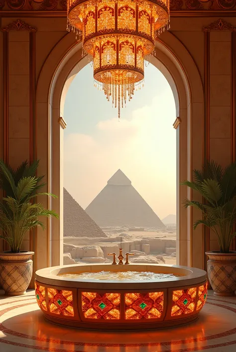 Fait moi une salle de bain de luxe avec un enorme jaccuzi diamants orange et rubis orange avec une vue sur les pyramides d’egyptes et lustre en diamant et rubis vert