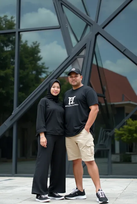 A husband and wife pose facing the camera. from Indonesia, 20 years.The womans body was slightly fat. Wearing a hijab, long-sleeved t-shirt, trousers, sneakers, a man wearing a black baseball cap stands casually in front of a glass building with pitch blac...