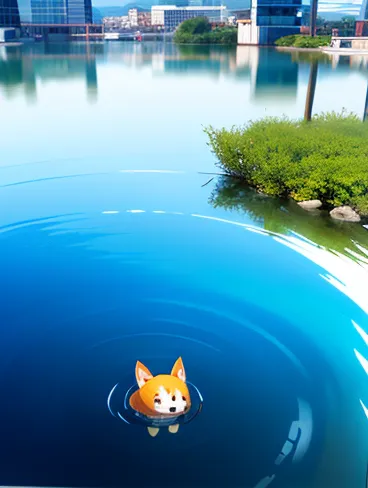 masterpiece，((the city reflected on the surface of the water))，baby kitsune，