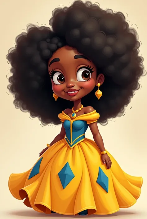 Black cartoon character with voluminous curls wearing a yellow and blue princess dress