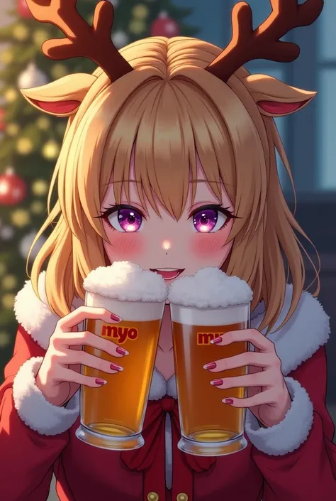  blond girl with bangs、reindeer costume、Purple Eyes、Christmas tree in the background、 Christmas、 beer in both hands 、 the letter Myo on the beer glass、The color of the nail is pink 、 colorful all over 、Adult Women、Idol、Keep your hands of beer close to your...