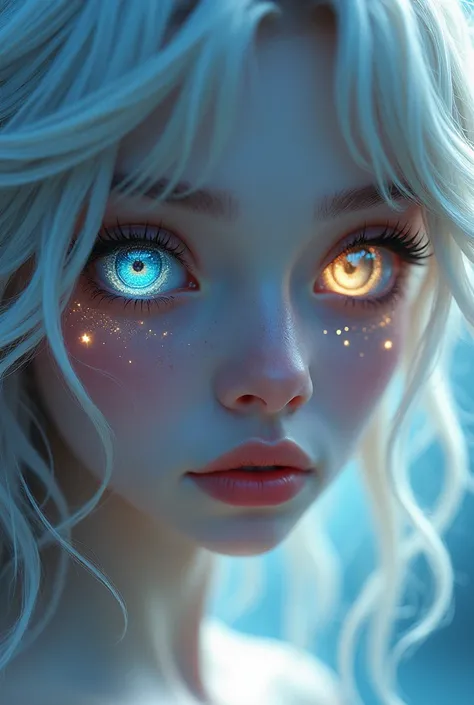  Close-up of an improved masterpiece:1.5)0.9], ( without any clothes :1.2) ( Messy silver hair :1.1) (heterochromia:  xanthochromia and blue eyes :1.2) ( Colored stars in the eyes:1.0) (A radiant glow:1.1) 