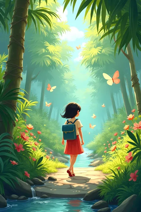  Muong ren go to school ,  passing through the flowery forest , there is a fresh stream ,  butterflies flying ,  the early morning sun shines through the palm leaves on either side of the road