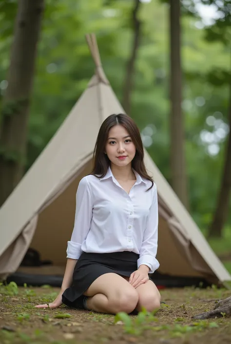 A beautiful young woman wearing white shirt and mini skirt black color Thai students uniform, sitting on the ground in front of a camping tent, primeval forest, detailed facial features, beautiful detailed eyes, beautiful detailed lips, extremely detailed ...