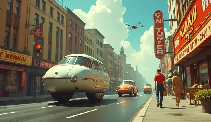 1950s streets with futuristic transportation : , a busy street with people wearing typical 1950s clothes,  but driving retro-designed floating cars .  Animated advertising signs shine on the facades of stores ,  and a small drone delivers packages in front...