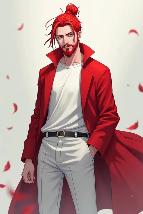 Make a red-haired man with a bun and medium hair and beard and totally white eyes without pupil wearing a white t-shirt and straight white pants and a basic red overcoat.  anime style  