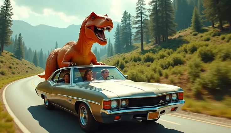 An orange dinosaur driving a car with three people in the back in a realistic way with a lot of detail where you can see all the people in the rearview mirror for a little while