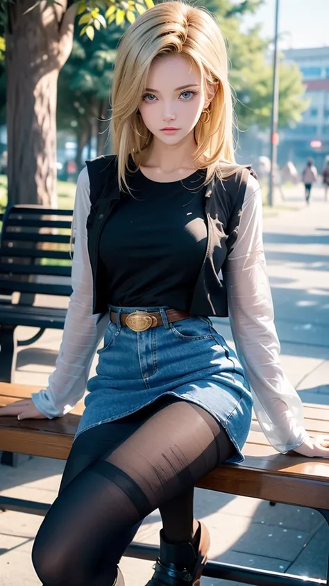 One girl,  Android 18, Blonde,  pretty and sexy girl, She wearing light blonde hair, Medium length shaggy cut hair, She have Very large breasts bouncing, Wearing a very short blue H-line denim skirt, Wearing a medium size of denim vest, The denim skirt and...