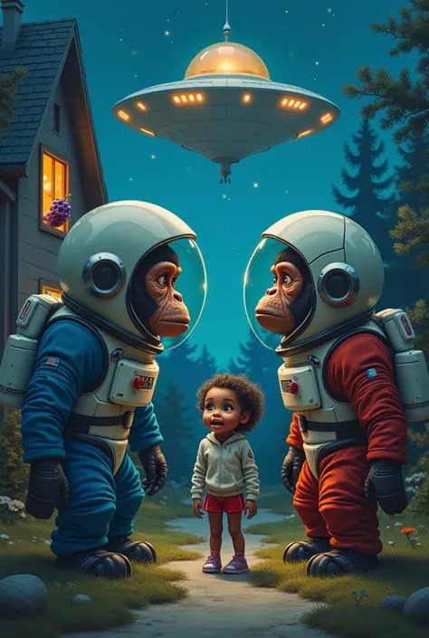  girl talking to astronaut apes, one of them wearing a blue suit with a flying saucer in the background and a talking grape, looking fearfully from the window of a house at night.