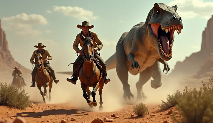 Cowboy people々They desperately run away, but 、 is chasing Tyrannosaurus at breakneck speed