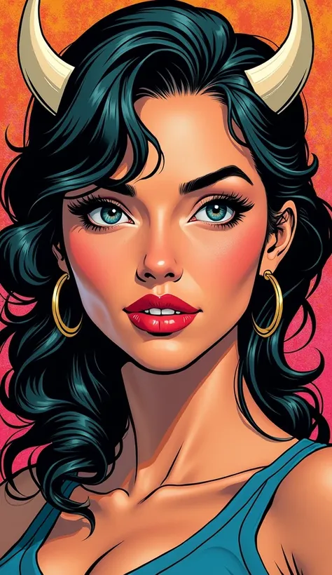 image adult woman, FOCUS ON FACE. comic book style. with a discreet smile with a BULL horn. IMAGES WITH VIBRANT COLORS.