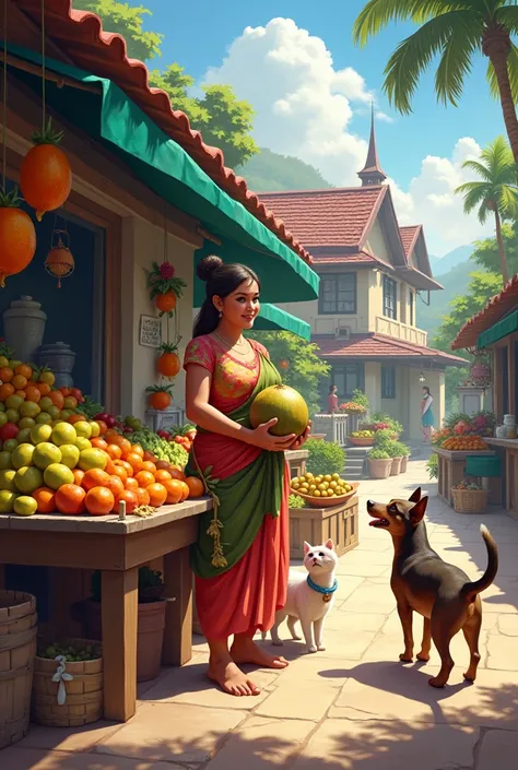 Fruit shop woman with coconut 
There are several dogs, cats
There is a big house