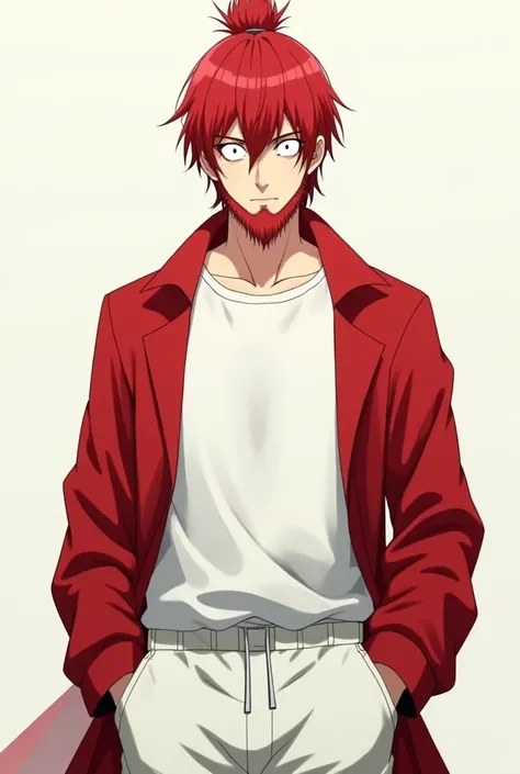 Make a red-haired man with a bun and medium hair and beard and totally white eyes without pupil wearing a white t-shirt and white training pants and a basic red overcoat.  anime style  