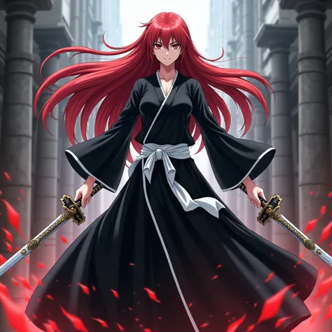 Erza Scarlet in Bleach clothing using two swords
