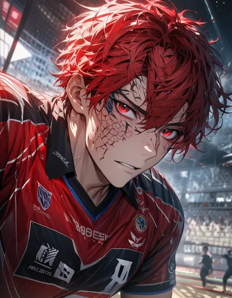 absurdres, highres, ultra detailed, HDR, masterpiece, extremely detailed face and eyes, red short hair, expressive red eyes, bluelock, 1man, handsome, volleyball uniform 