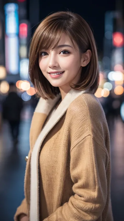 highest quality、genuine、Super detailed、finely、High resolution、8k wallpaper、one beautiful woman、light brown hair、sharp focus、perfect dynamic composition、beautiful and detailed eyes、thin short hair、Detailed genuine skin texture、smile、model body shape、at wint...