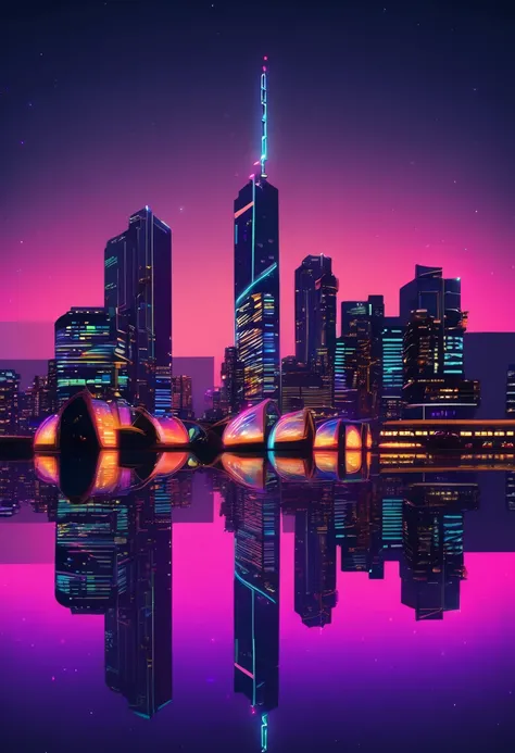 Night view, neon, Water reflection,  Urban Skyline , Quiet Lake, Mirror Effect