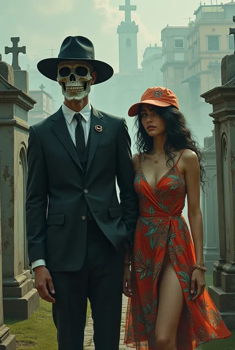  Man wearing a skull in a suit and hat in the cemetery and woman. Wearing dress and kangol on the head in the favela  