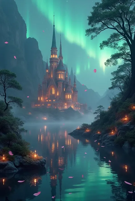 The city of elves is reflected on the green surface of the water，Magical Night Scenery ， beautiful night sky ，Star，Northern Lights, glowing pink petals， Mysterious and Charming Atmosphere ，Highly refined，8k，masterpiece， photorealistic ， Dramatic Lighting ，...