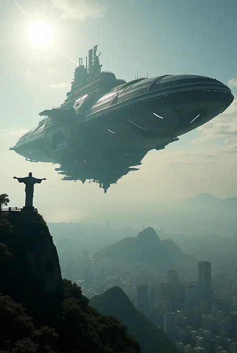  Huge spaceship flying over Christ the Redeemer in Rio de Janeiro. It has a lot of lights and obfuscates peoples views .