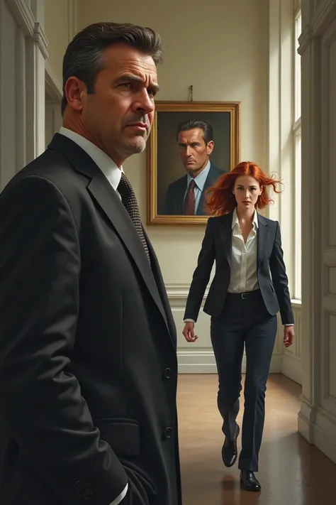 an adult man in formal attire hanging on the wall looked indignantly at his daughter, a red-haired student who was quickly walking away at the end of the university corridor 