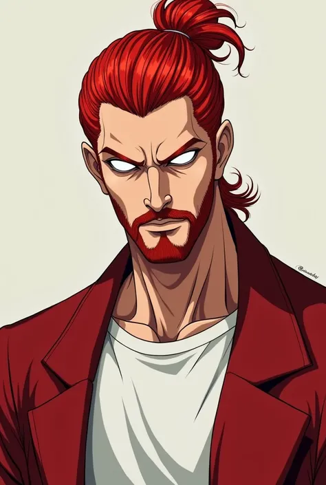 Make a red-haired man with a bun and medium beard and totally white eyes and no pupil wearing a white t-shirt and a basic red overcoat.  anime style  