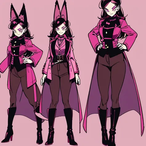 DBSuper, female, black long hair with pink highlights, pink eyes, black wolf ears, black wolf tail with pink trim, (((1girl))), (((white Victorian coat with pink trim))), (black shirt), (black gloves), (pink vest), (brown pants), (black heeled boots), cute...