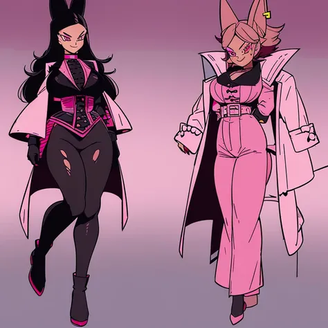 DBSuper, female, black long hair with pink highlights, pink eyes, black wolf ears, black wolf tail with pink trim, (((1girl))), (((white Victorian coat with pink trim))), (black shirt), (black gloves), (pink vest), (brown pants), (black heeled boots), cute...