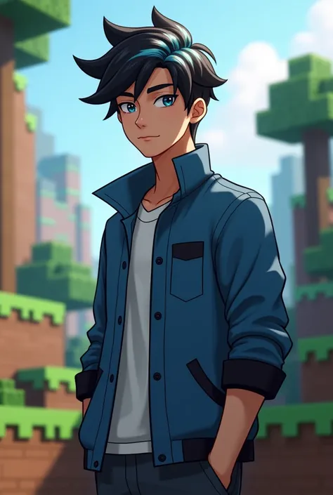  The guy has black hair with some blue locks ., He wears a blue jacket with a little bit of black.,His jacket is open ,  and a white shirt is visible .,  Minecraft