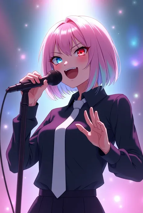 woman。Muscle White。White Hair。pastel pink aurora hair。Bob。ホワイトBob。 odd-eye。Right eye is red。Left eye is blue。Black long shirt。 white tie。 anime style。 is singing a song with a microphone。 Im wearing 。 glitter effect 。